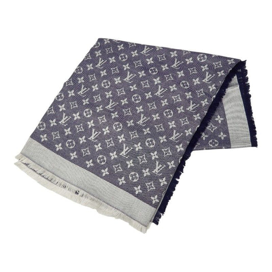 Louis Vuitton Monogram Shine Large Shawl Navy Silk Wool Scarf