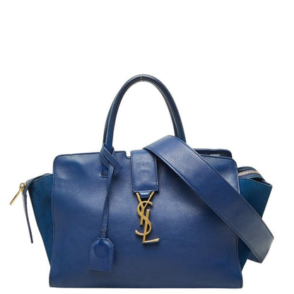 Saint Laurent YSL Logo Baby Downtown Cabas 2-Way Shoulder Bag Blue Leather