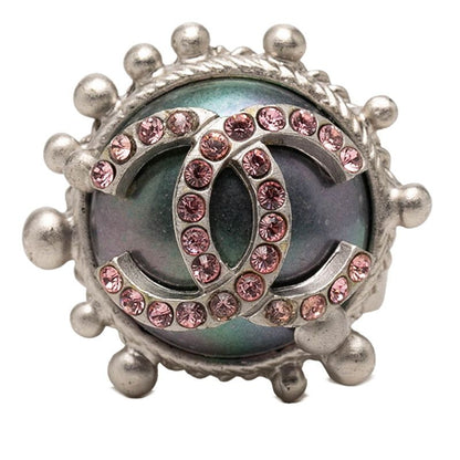 Chanel CC Logo Ring 02c Silver Pink Metal Rhinestone