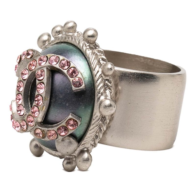 Chanel CC Logo Ring 02c Silver Pink Metal Rhinestone — view 2