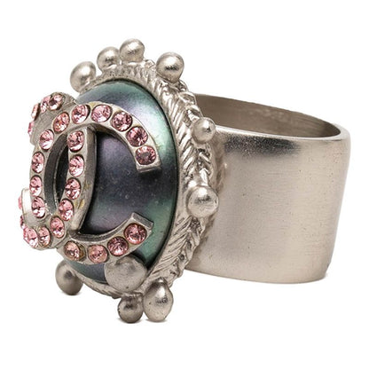 Chanel CC Logo Ring 02c Silver Pink Metal Rhinestone — view 2
