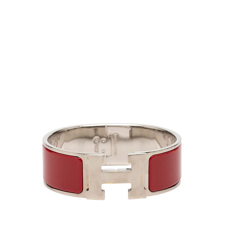 Hermes Clic Clac PM Bangle Bracelet Silver Red Metal Enamel