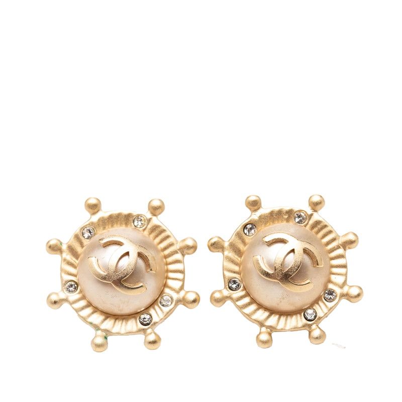 Chanel CC Logo Earrings Gold Plated Rhinestone