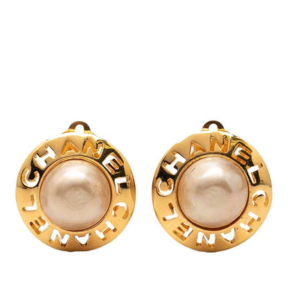 Chanel Logo Earrings Gold Plated Faux Pearl
