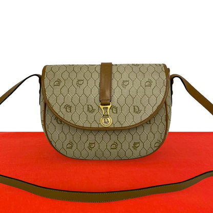 Dior Vintage Logo Honeycomb Pattern Leather Shoulder Bag Pochette Beige Brown