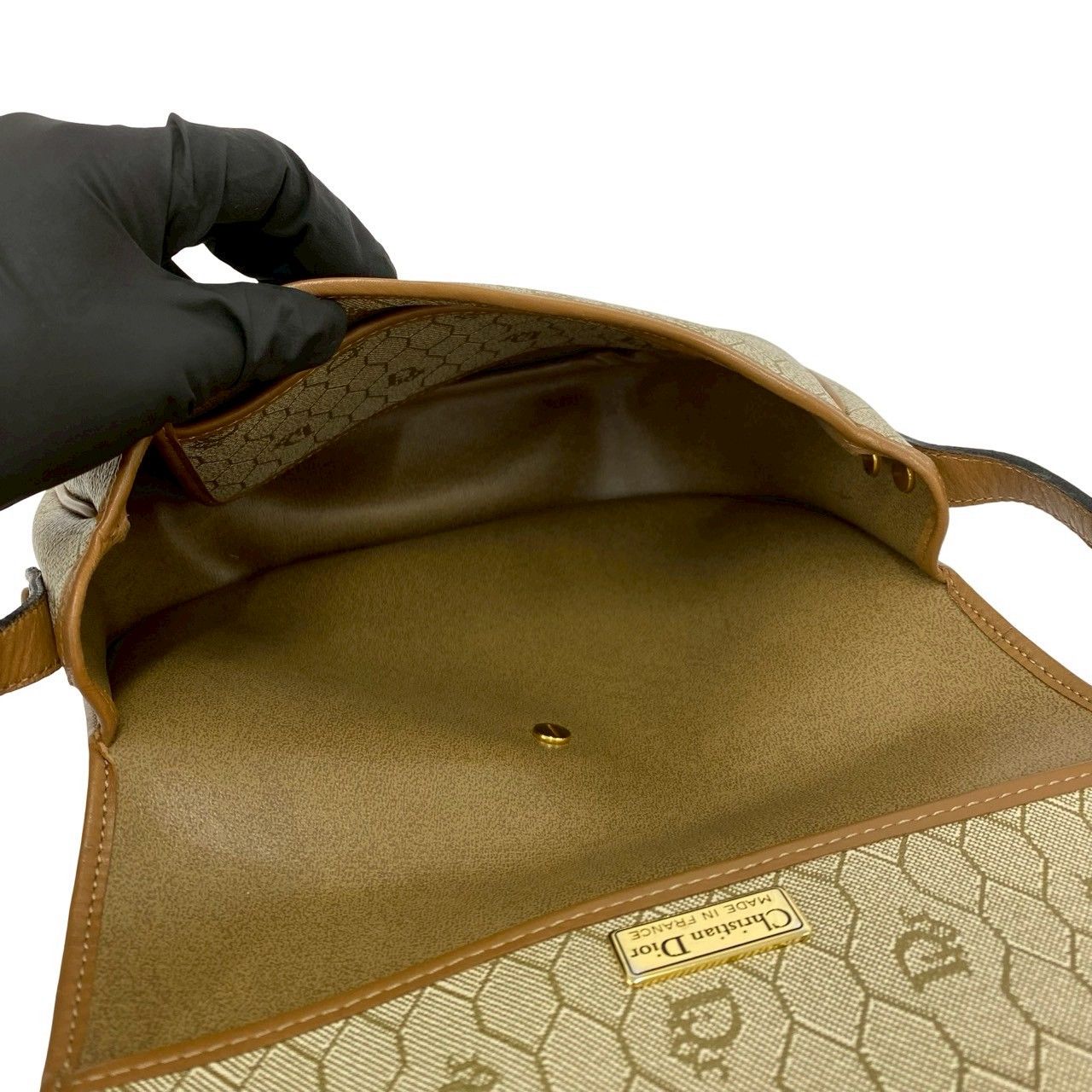 Dior Vintage Logo Honeycomb Pattern Leather Shoulder Bag Pochette Beige Brown — view 9