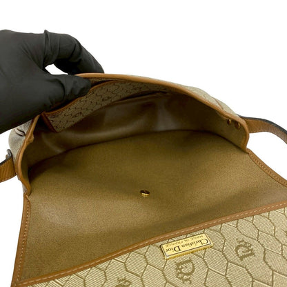 Dior Vintage Logo Honeycomb Pattern Leather Shoulder Bag Pochette Beige Brown — view 9
