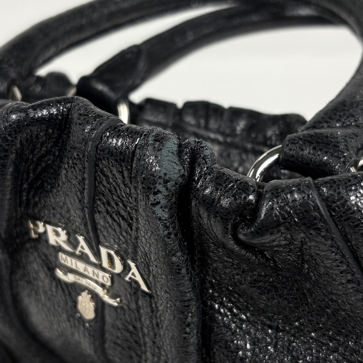 Prada Logo Handbag Gathered Tote Leather Nero — view 5