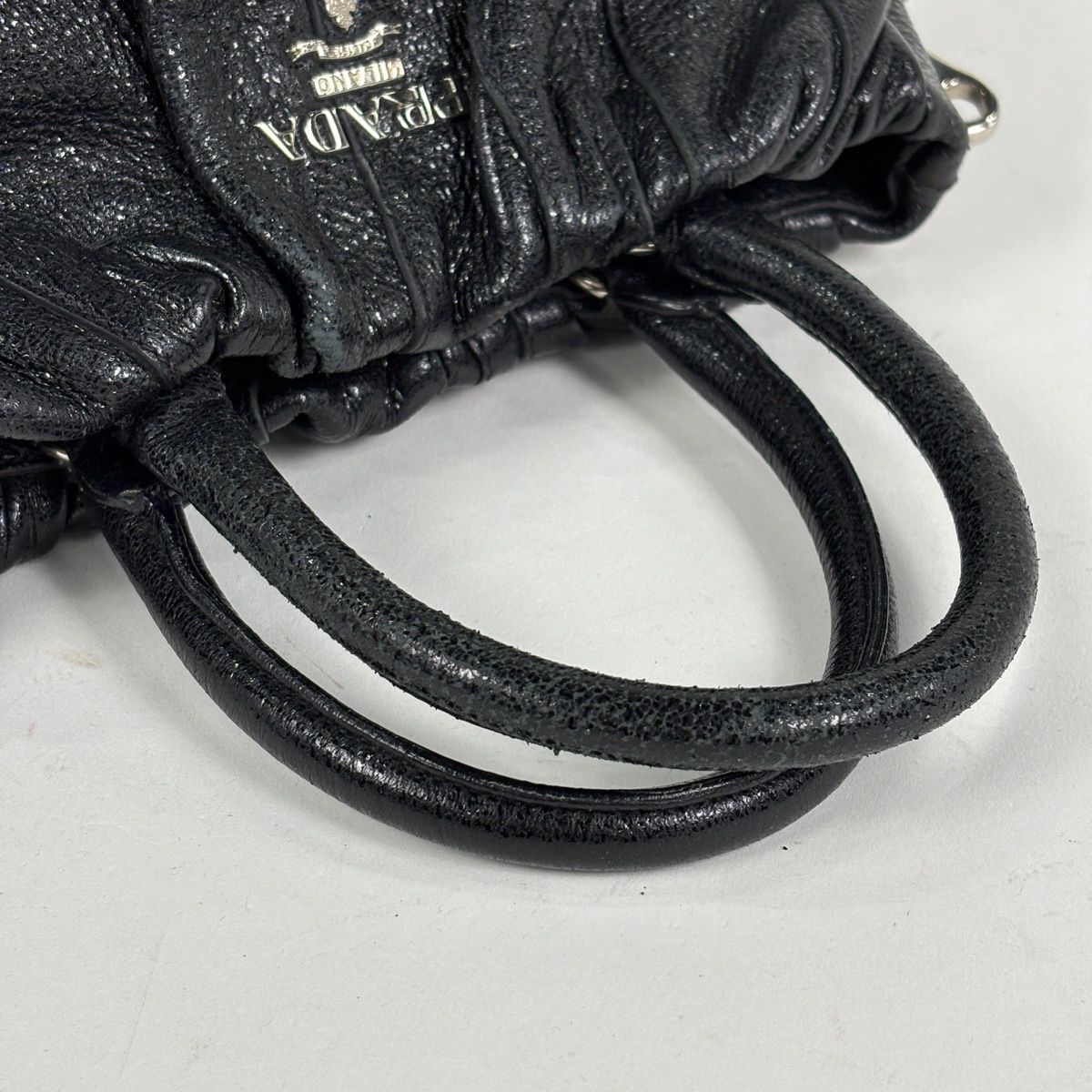 Prada Logo Handbag Gathered Tote Leather Nero — view 7