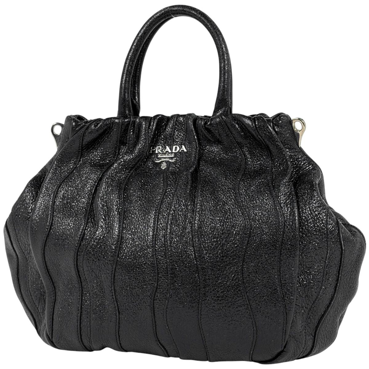 Prada Logo Handbag Gathered Tote Leather Nero