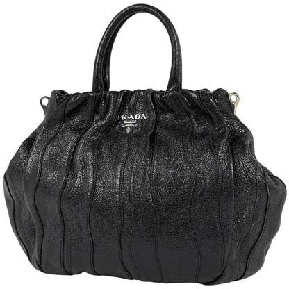 Prada Logo Handbag Gathered Tote Leather Nero