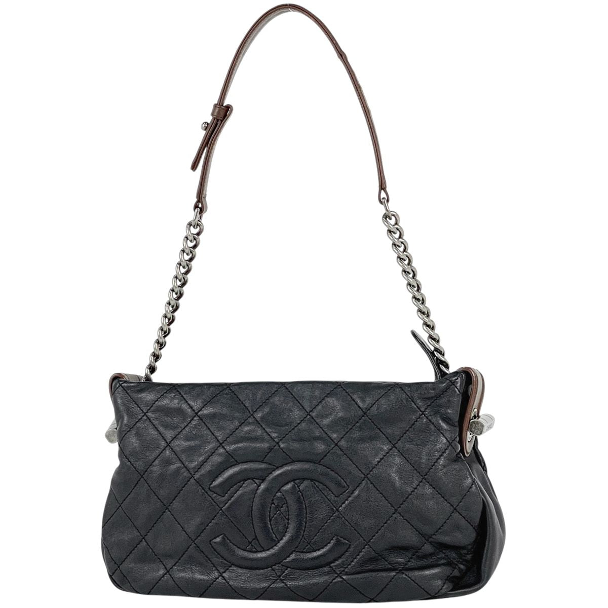 Chanel CC Logo Chain Shoulder Bag Quilted Leather Black