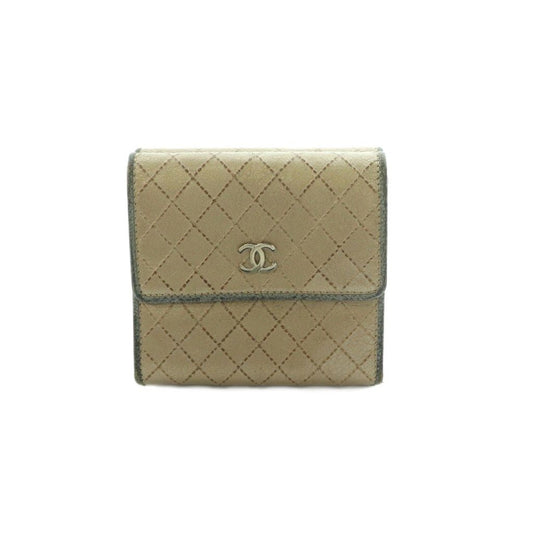 Chanel Bicolor Trifold Wallet Coin Purse Compact Beige
