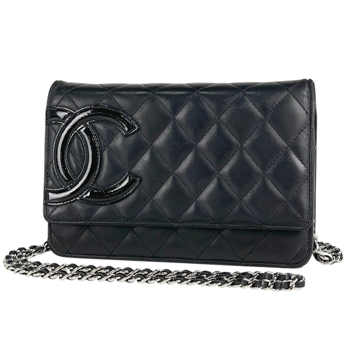 Chanel Cambon Line Chain Wallet CC Logo Shoulder Bag Leather Black