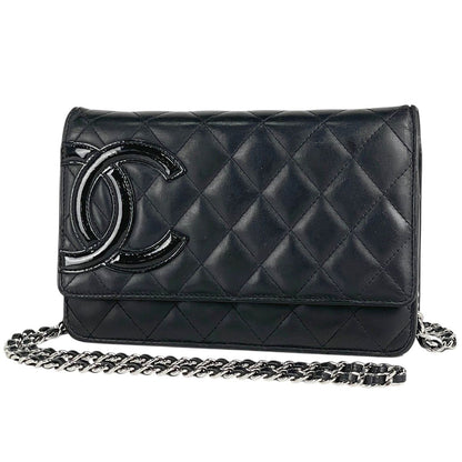 Chanel Cambon Line Chain Wallet CC Logo Shoulder Bag Leather Black