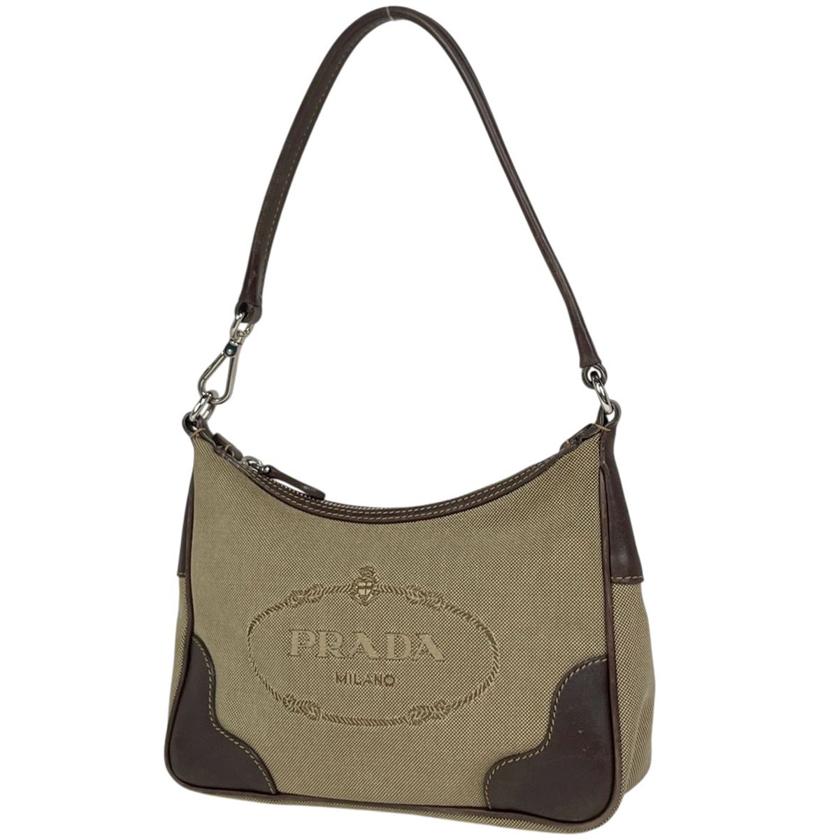 Prada Logo Jacquard Handbag Pouch Canvas Brown