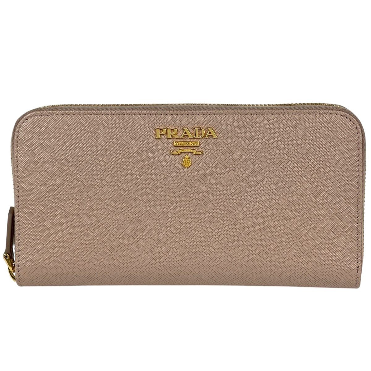 Prada Logo Zip Around Wallet Round Zip Saffiano Leather Beige