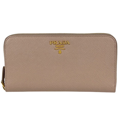 Prada Logo Zip Around Wallet Round Zip Saffiano Leather Beige