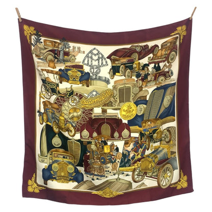Hermes Automobile Carre 90 Wine Red Multicolor Silk Scarf