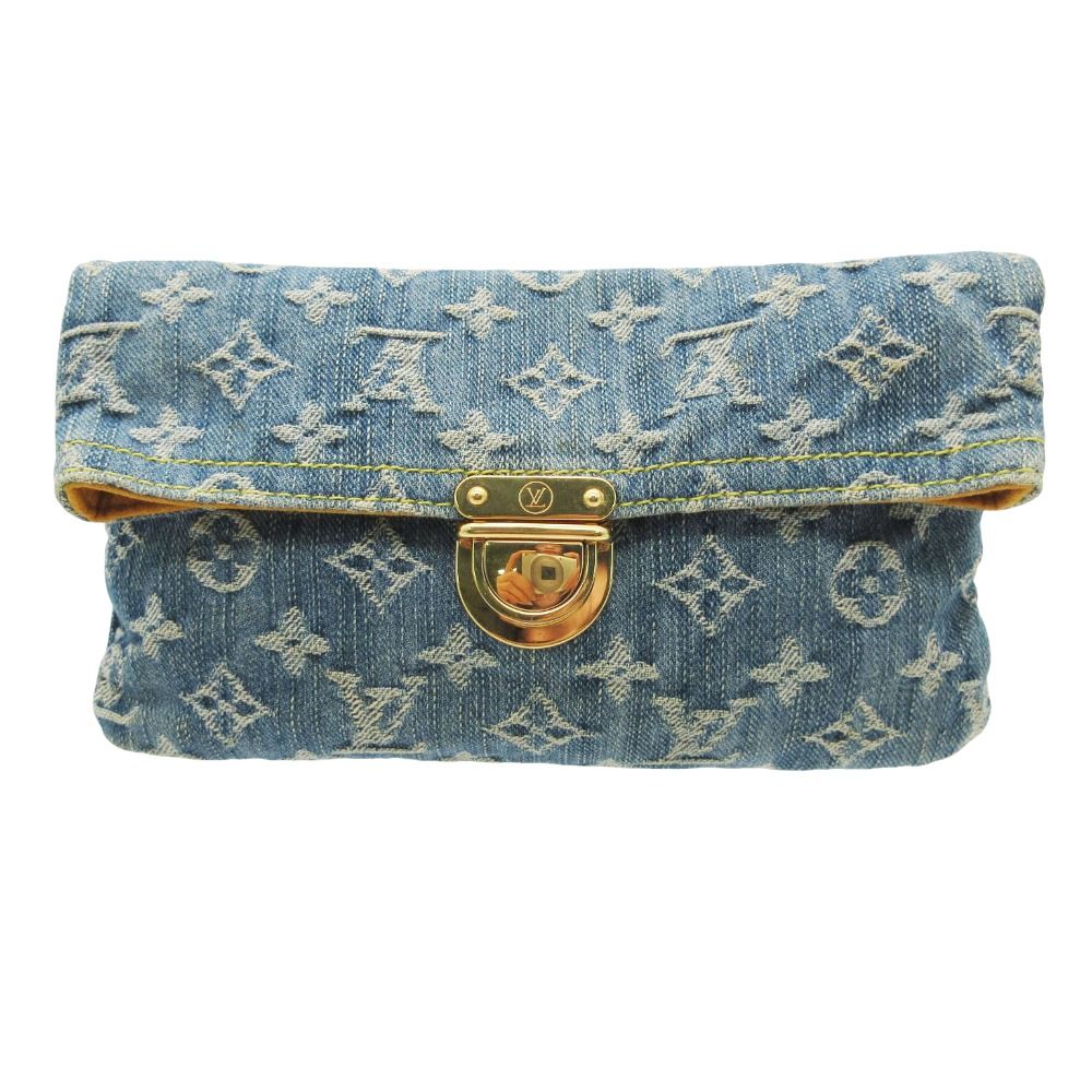 Louis Vuitton Clutch Pochette Plat Monogram Denim Gold Second Party Indigo