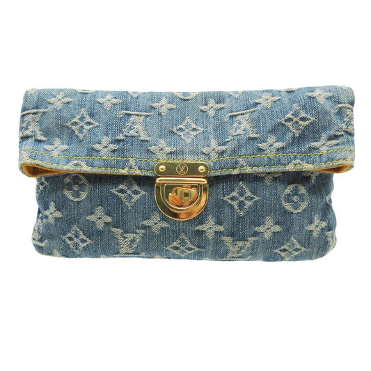 Louis Vuitton Clutch Pochette Plat Monogram Denim Gold Second Party Indigo