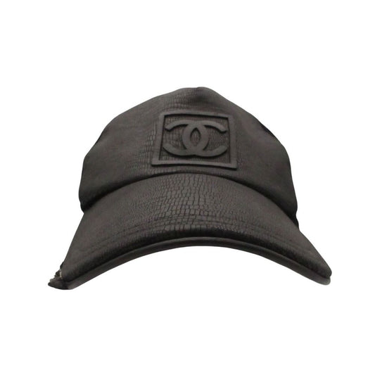 Chanel Sports Cap CC Logo Croco Embossed Leather Mesh Cap Hat Black