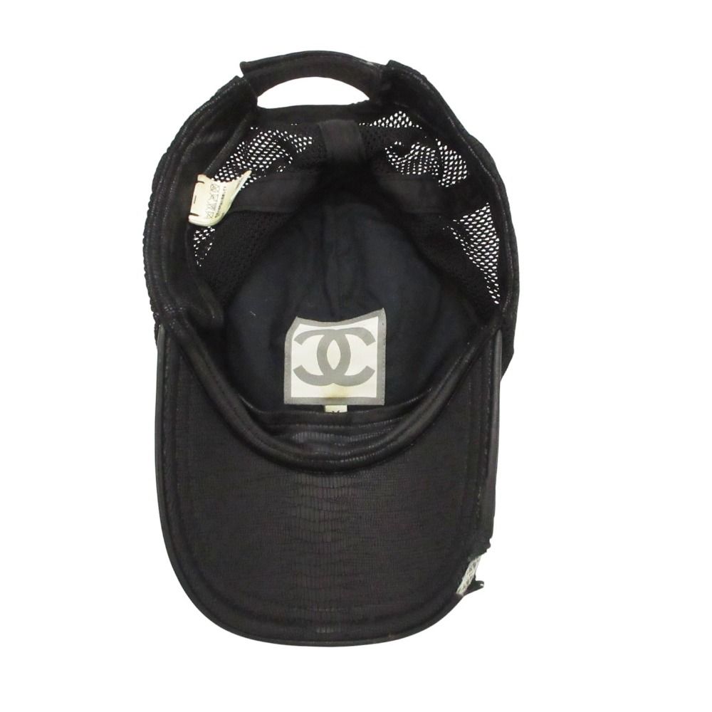 Chanel Sports Cap CC Logo Croco Embossed Leather Mesh Cap Hat Black — view 6