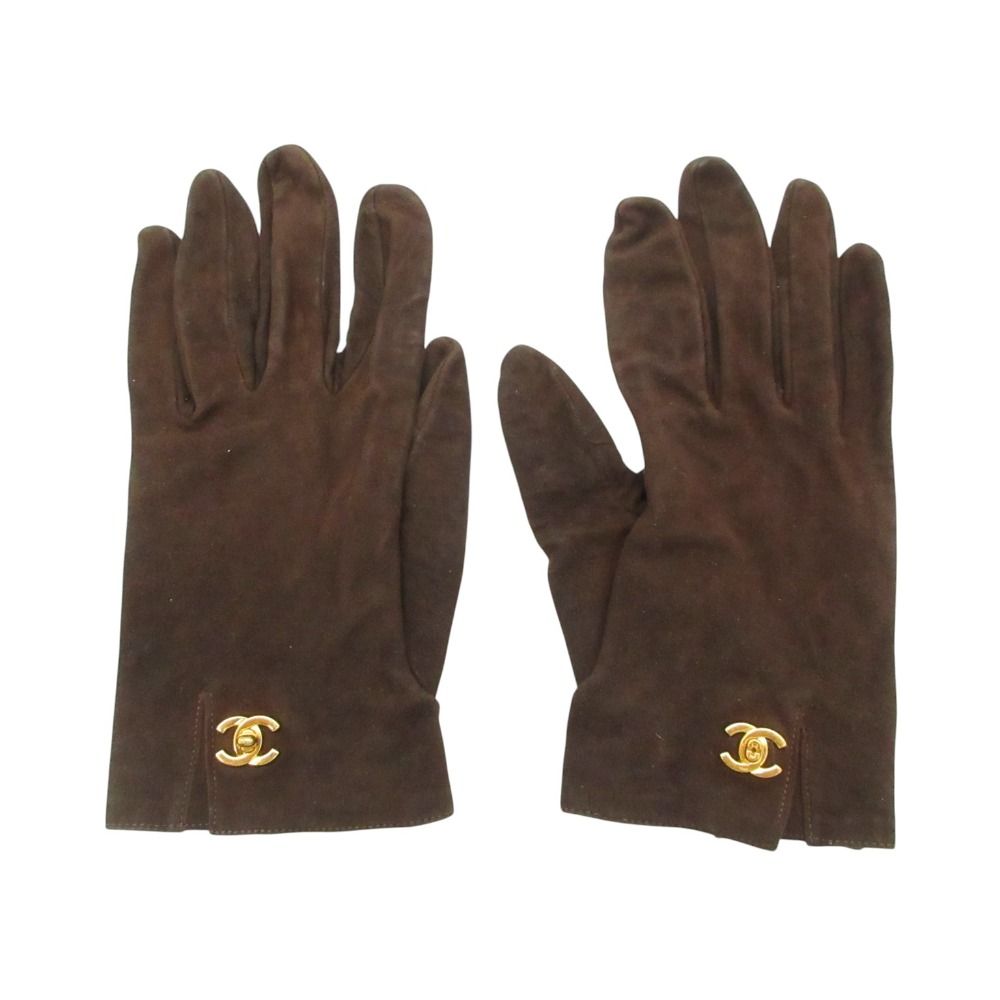 Chanel Gloves Turnlock Suede Leather Brown