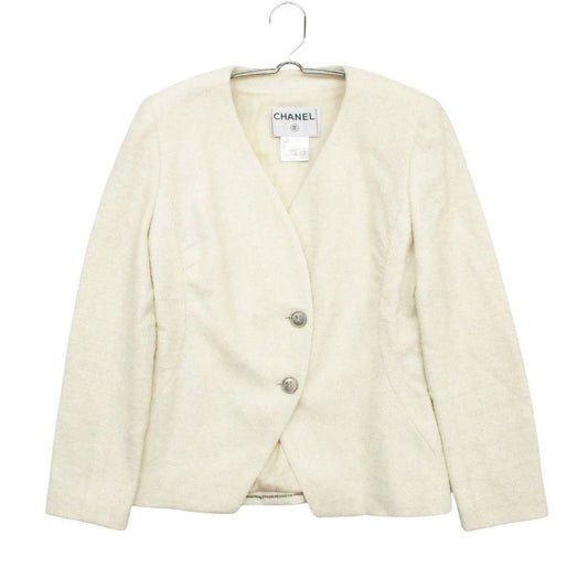 Chanel Tweed Collarless Jacket Blue Leather White