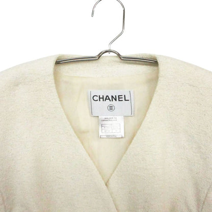 Chanel Tweed Collarless Jacket Blue Leather White — view 4