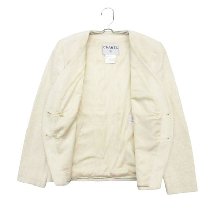 Chanel Tweed Collarless Jacket Blue Leather White — view 5