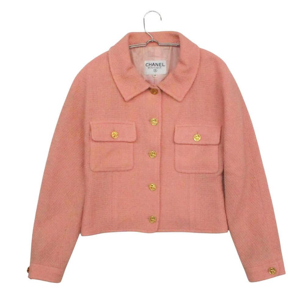Chanel Vintage Tweed Jacket Cropped Length Gabriel Gold Button Pink
