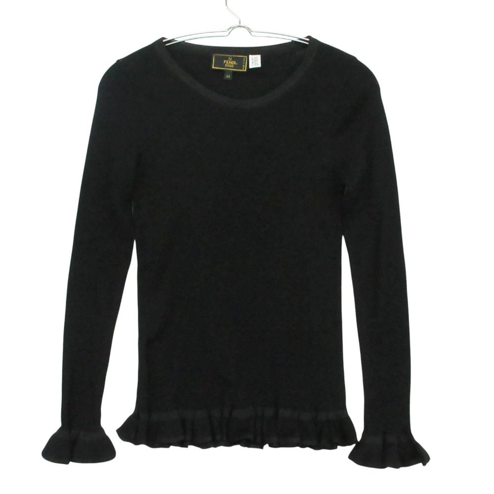 Fendi Vintage Rib Knit Long Sleeve Ruffle Pullover Top Black 44 Sweater