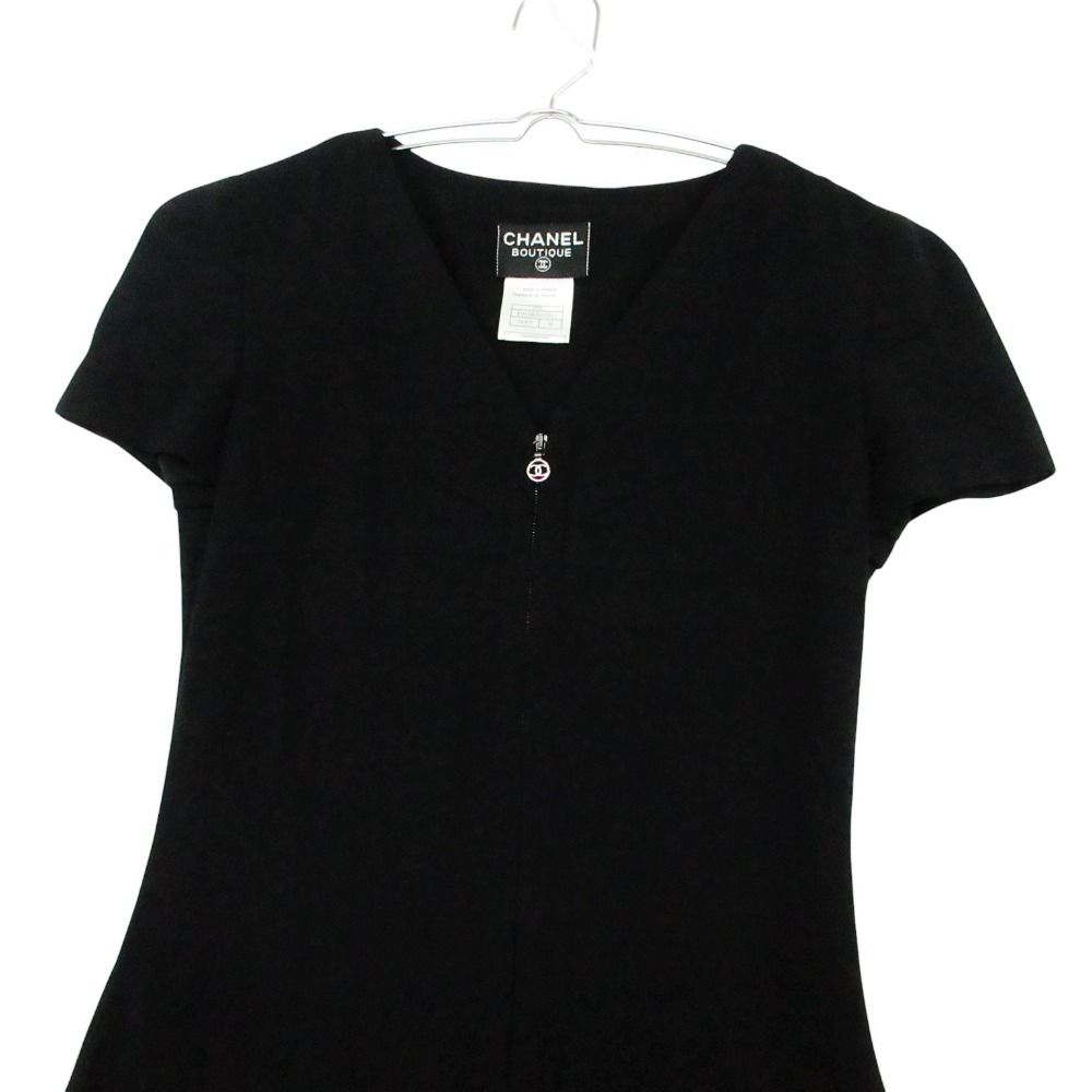Chanel Vintage Dress Short Sleeve CC Logo Zip Up Black 36 — view 3