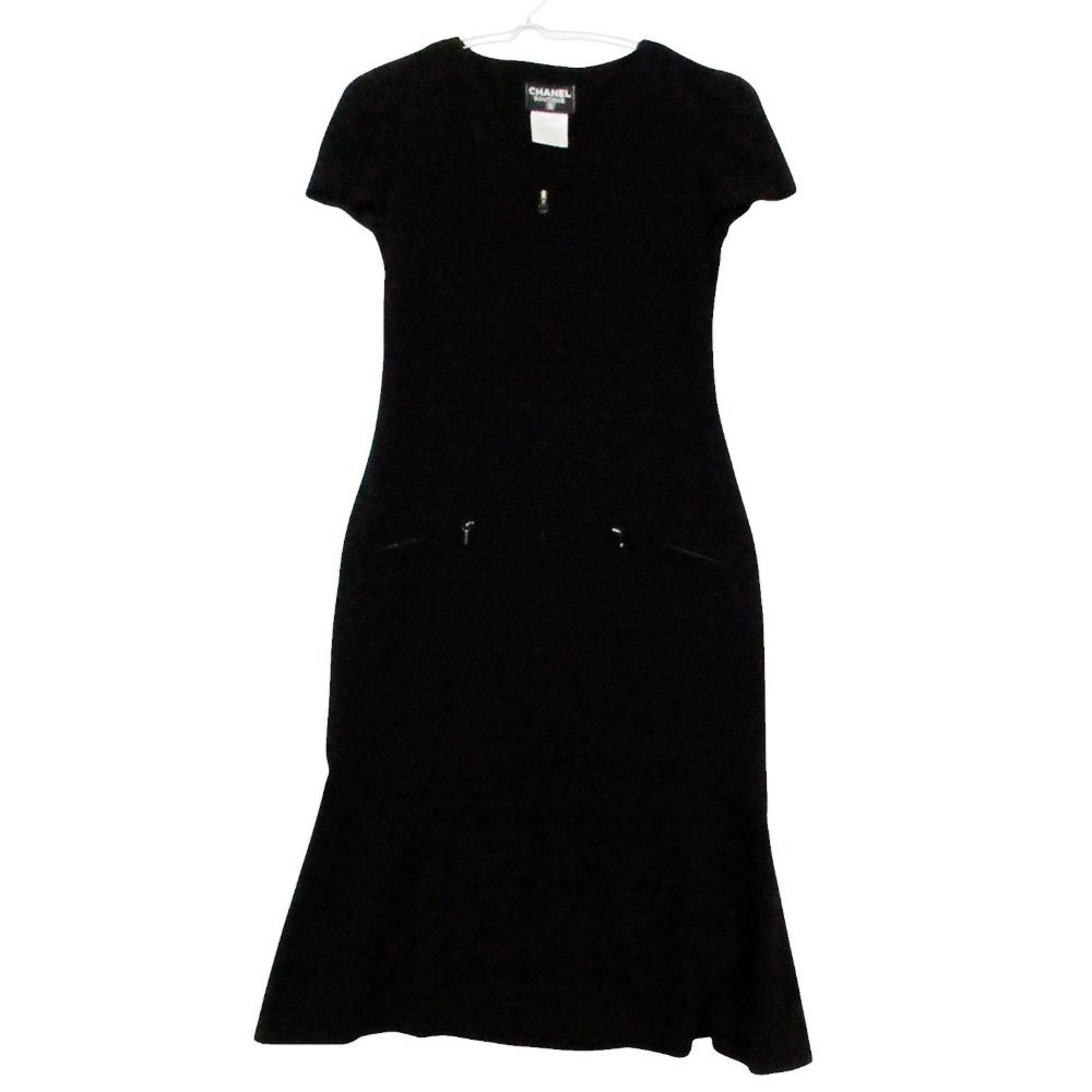 Chanel Vintage Dress Short Sleeve CC Logo Zip Up Black 36