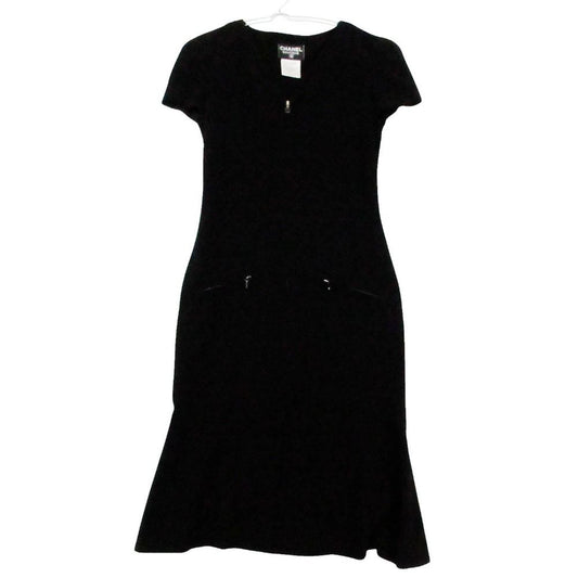 Chanel Vintage Dress Short Sleeve CC Logo Zip Up Black 36