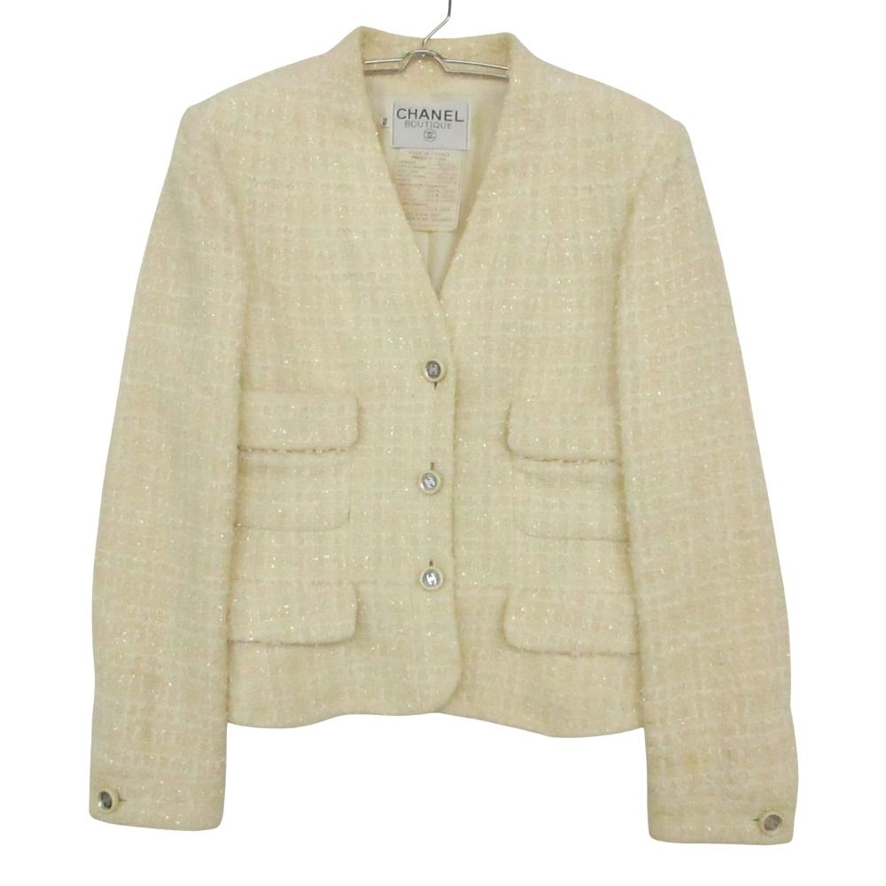 Chanel Vintage Tweed Collarless Jacket Blue Leather CC Logo Mirror Button 4