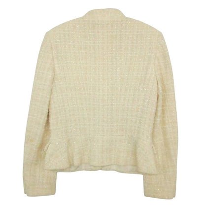 Chanel Vintage Tweed Collarless Jacket Blue Leather CC Logo Mirror Button 4 — view 2