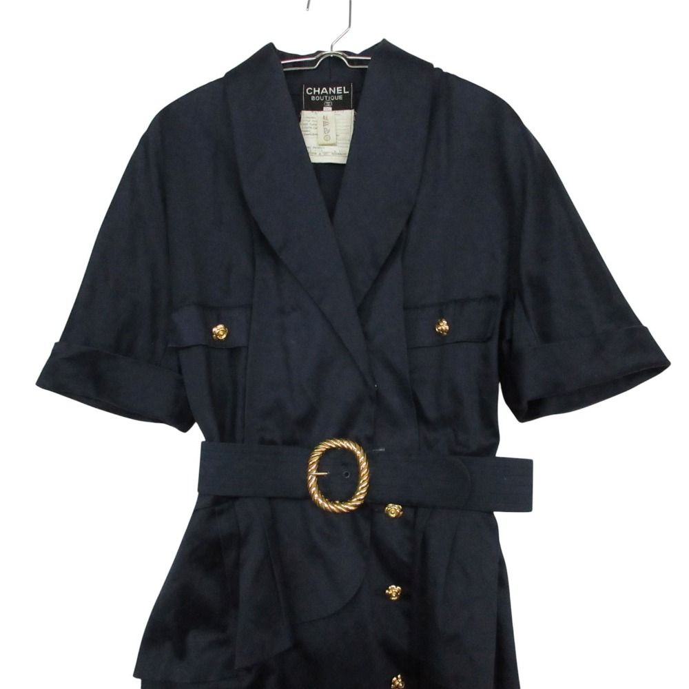 Chanel Vintage Dress Short Sleeve Shawl Collar Camellia Gold Button Tulip Skirt — view 3