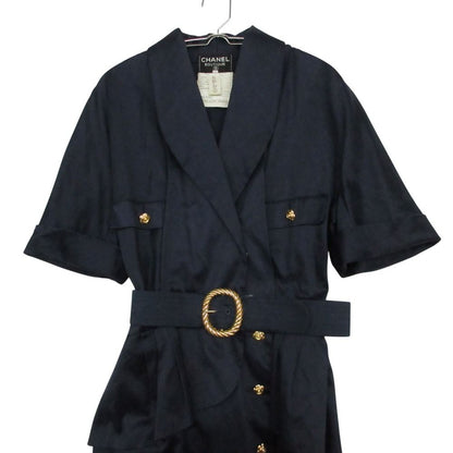 Chanel Vintage Dress Short Sleeve Shawl Collar Camellia Gold Button Tulip Skirt — view 3