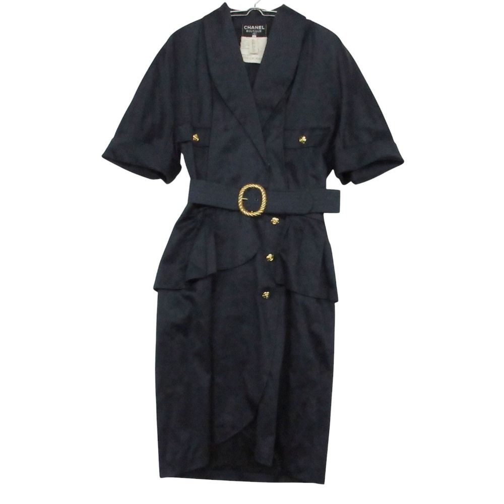 Chanel Vintage Dress Short Sleeve Shawl Collar Camellia Gold Button Tulip Skirt