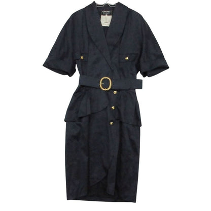 Chanel Vintage Dress Short Sleeve Shawl Collar Camellia Gold Button Tulip Skirt