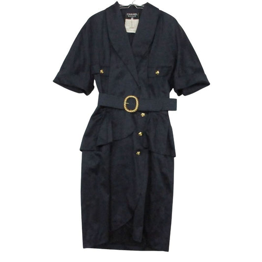 Chanel Vintage Dress Short Sleeve Shawl Collar Camellia Gold Button Tulip Skirt