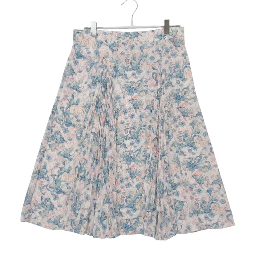 Prada Skirt Pleated Flare Floral Logo All Over Blue