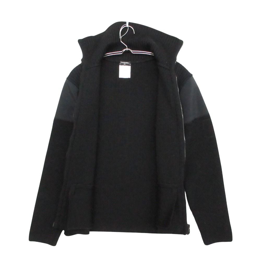 Chanel Knit Jacket High Neck Contrast Zip Up Black 38 — view 3
