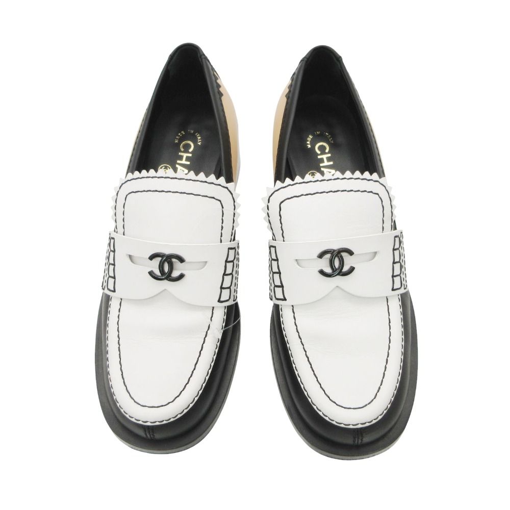 Chanel Loafers CC Logo Leather Calfskin Shoes Bicolor Black 38c