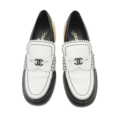 Chanel Loafers CC Logo Leather Calfskin Shoes Bicolor Black 38c
