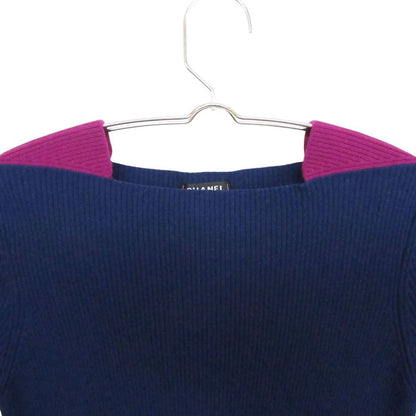 Chanel Ribbed Knit Dress Short Sleeve Bicolor Square Neck CC Logo Plate — view 4