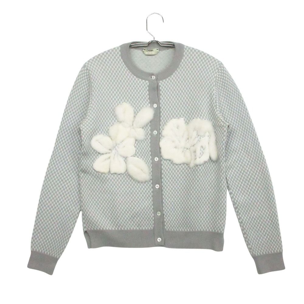 Fendi Knit Cardigan Jacket Long Sleeve Mink Decoration Checkered Pattern