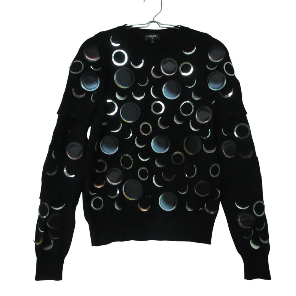 Chanel Cashmere Knit Sweater Crew Neck Long Sleeve Layered Style Moon Black 36